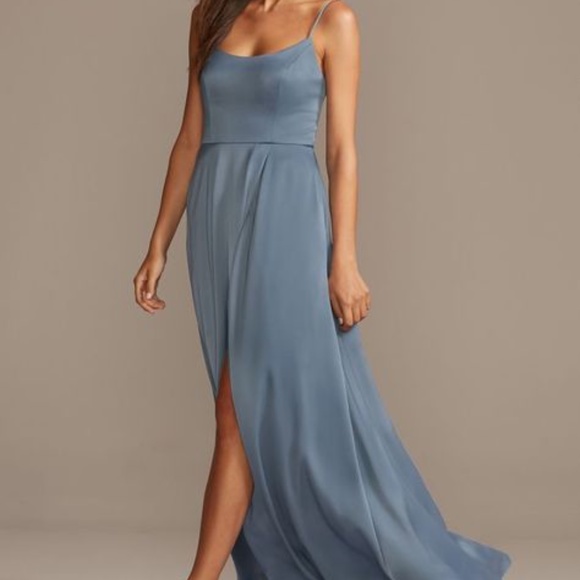 David's Bridal Steel Blue Slit Leg Bridesmaid's Dress - Picture 1 of 2